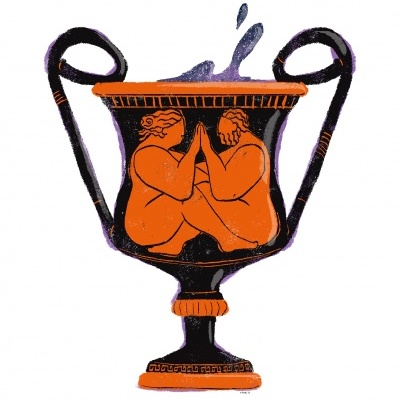 Vaso grego antigo com figuras humanas e duas alças curvas