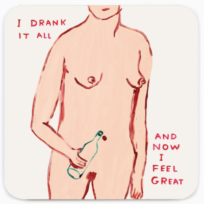 Ilustração de corpo nu segurando garrafa com texto em vermelho