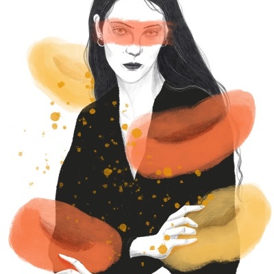 Ilustração artística de mulher com blusa preta e manchas coloridas