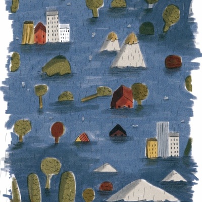 Ilustração de casas, árvores e montanhas sob fundo azul