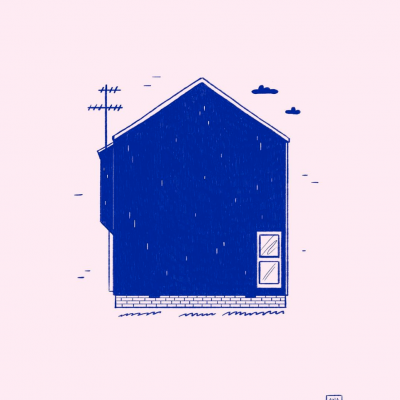 Ilustração minimalista de uma casa azul com janelas e antena, fundo cor-de-rosa.