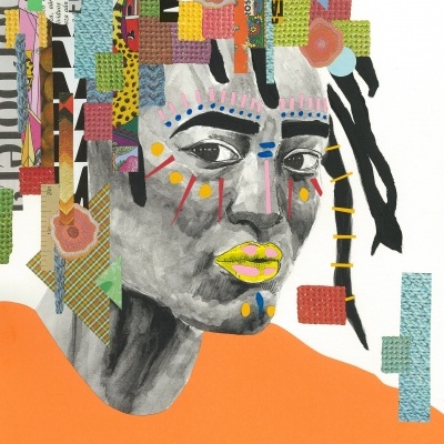 Ilustração de rosto feminino com detalhes coloridos e fundo laranja