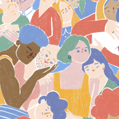 Ilustração colorida de muitas pessoas com roupas e cores distintas