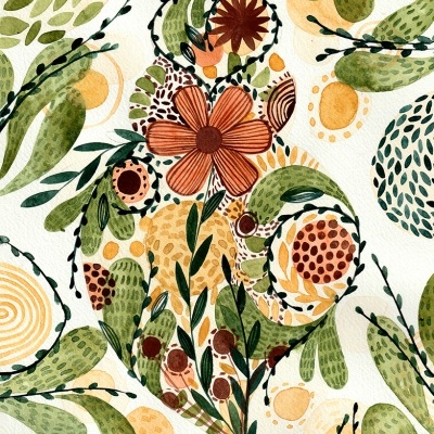 Padrão decorativo floral e folhas em tons verdes, laranja e castanho sobre fundo branco