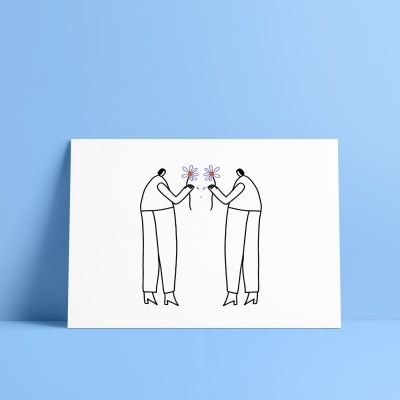 Cartão branco com ilustração minimalista de duas figuras humanas a segurar flores coloridas
