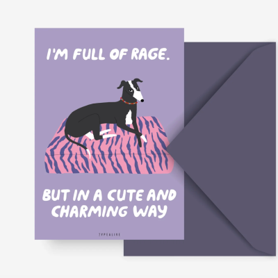 Cartão com cão preto e branco deitado num almofadão rosa com riscas azuis e envelope roxo