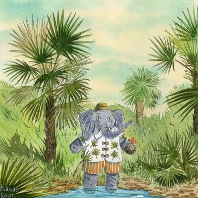 Elefante antropomórfico com roupa tropical e bebida, em floresta com palmeiras.