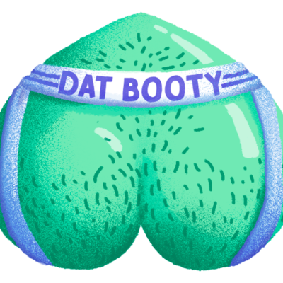 Ilustração de nádegas verdes com pelo e roupa interior azul com texto