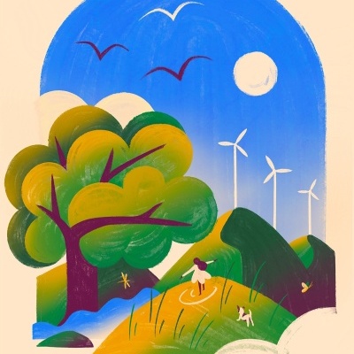 Ilustração colorida de paisagem com árvore, moinhos de vento, pessoa, cão, pássaros e o texto A LIBERDADE