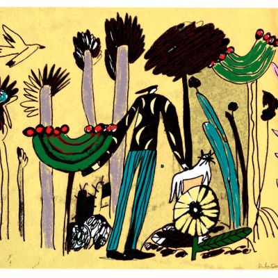 Ilustração colorida com figura humana entre plantas estilizadas