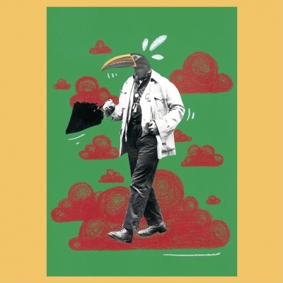 Ilustração de figura humana com cabeça de tucano e nuvens vermelhas num fundo verde