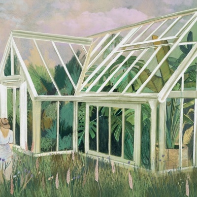 Estufa de vidro branca cercada por vegetação com duas pessoas de costas