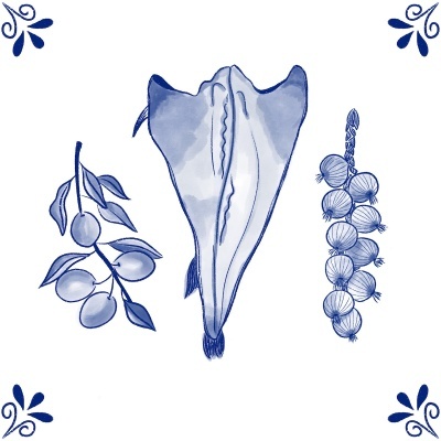 Ilustração de ramo de azeitonas, peixe seco e ramo de cebolinhas em tons azuis