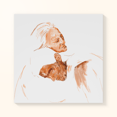 Quadro com desenho artístico de duas pessoas abraçadas em tons de laranja e bege sobre fundo branco