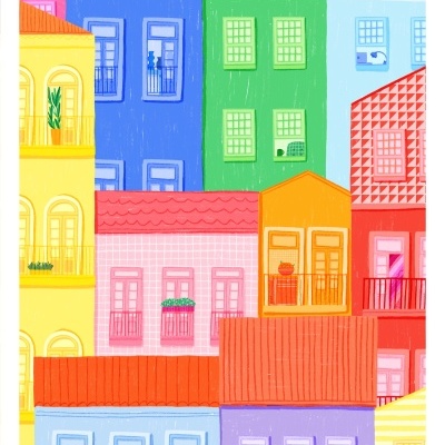 Ilustração colorida de fachadas de casas com janelas e varandas