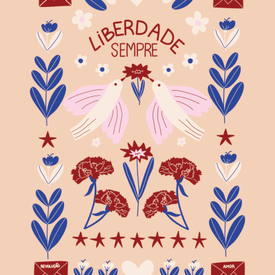 Ilustração flores e pombas com texto liberdade sempre e envelopes