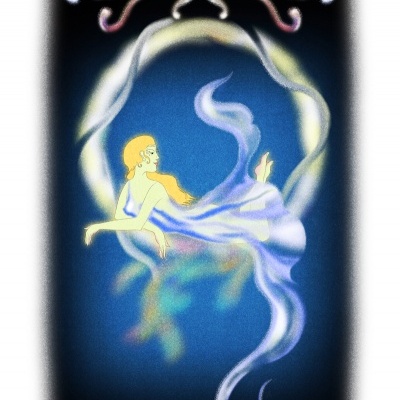 Ilustração digital de mulher com vestido branco e cabelo loiro num fundo azul com ornamentos coloridos