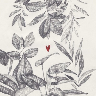 Desenho preto e branco de folhas com um pequeno coração vermelho no centro