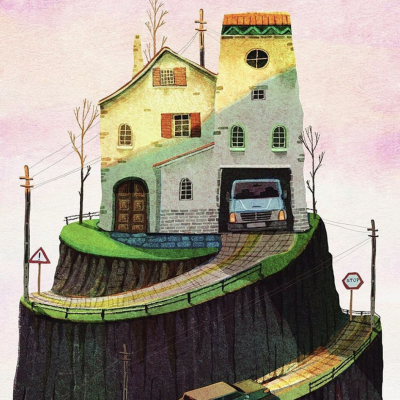 Ilustração de casa no topo de uma falésia com estrada sinuosa e carros.