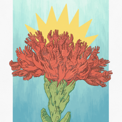 Ilustração de mãos verdes formando o caule e mãos vermelhas formando flores com fundo azul e sol amarelo