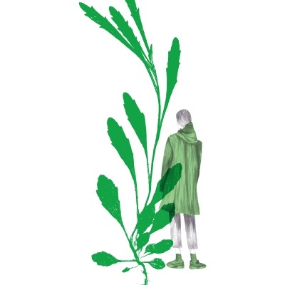 Ilustração de planta verde e figura humana de costas vestida de verde