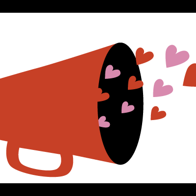 Megafone vermelho com corações vermelhos e cor-de-rosa a sair do interior preto