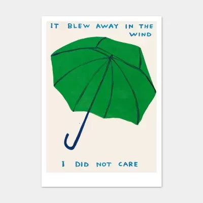 Ilustração digital de um guarda-chuva verde com texto azul em fundo bege.
