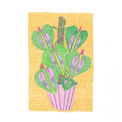 Ilustração colorida de planta com folhas verdes e flores rosas em vaso roxo