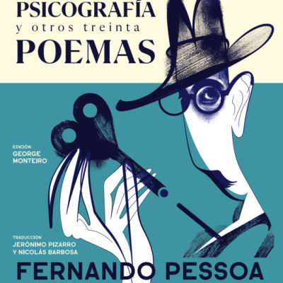 Capa de livro com ilustração de homem de chapéu e óculos segurando objeto abstrato em fundo branco e azul