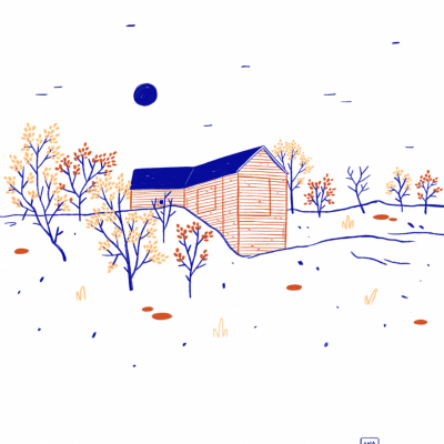 Ilustração minimalista de casa azul e castanha com árvores alaranjadas