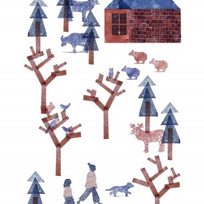 Ilustração de uma casa, árvores, animais e pessoas em tons de azul, castanho e vermelho.