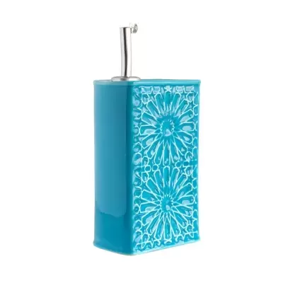 dispenser de cerâmica azul turquesa com padrão floral e tampa metálica