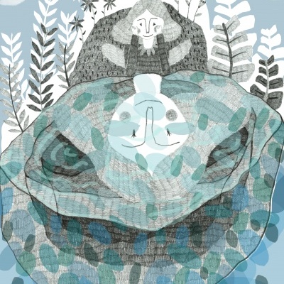 Ilustração de duas figuras humanas abraçadas com plantas e nuvens ao redor