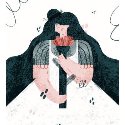 Mulher segurando buquê de flores num fundo abstrato