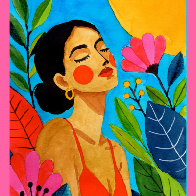 Ilustração colorida de mulher com vestido laranja e flores