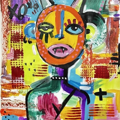 Pintura abstrata colorida com rosto humanoide e textura marcada