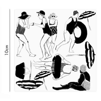 Ilustração vintage preto e branco de mulheres na praia com fatos de banho e guarda-sóis