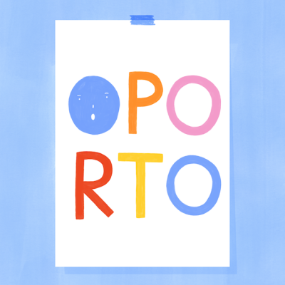 Póster branco com letras coloridas OPORTO num fundo azul