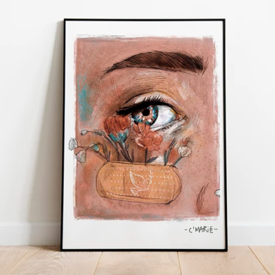 Quadro artístico de um olho com flores e bolsa em fundo rosa