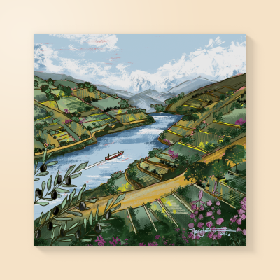 Pintura em tela com paisagem de rio entre colinas cultivadas e céu azul