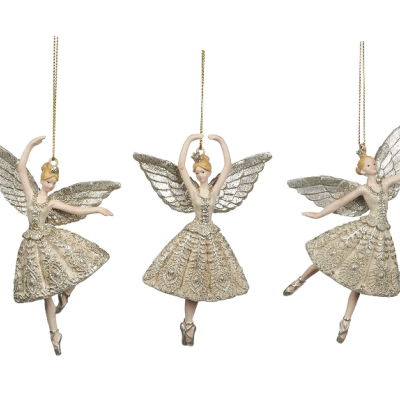 Três bonecas de fada dourado e prateado para pendurar.