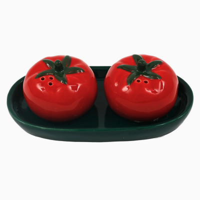 Saleiro e pimenteiro em cerâmica vermelha e verde com formato de tomate