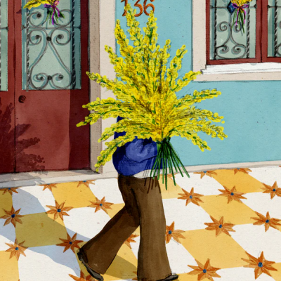 Pessoa carregando ramo de flores amarelas junto a porta e janela decoradas, chão com padrão geométrico e número 136