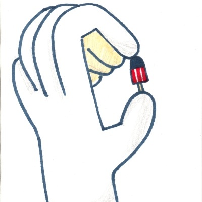 Desenho de mão com luva branca segurando pequeno objeto vermelho e preto