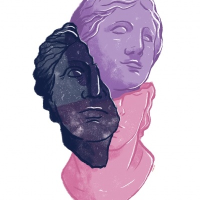 Ilustração com duas estátuas clássicas empilhadas em tons lilás, rosa e azul escuro com padrão estrelado