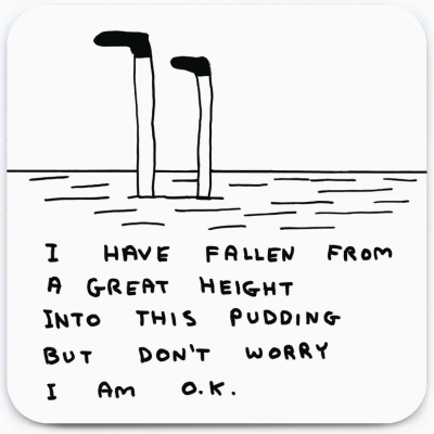 Desenho de pernas com sapatos saindo de um pudim com texto em inglês