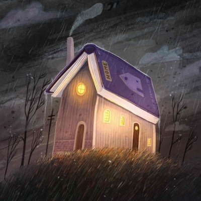 Casa com telhado em forma de livro iluminada num cenário noturno chuvoso