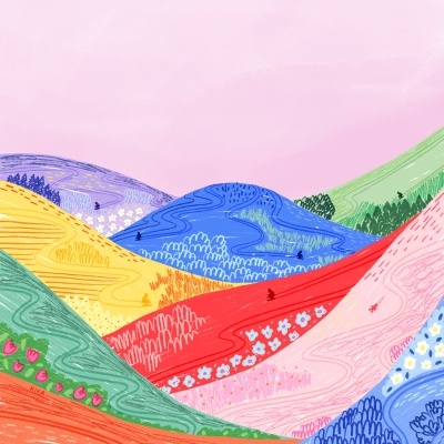 Colinas coloridas com padrões texturizados e um céu rosa claro