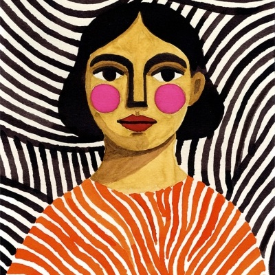 Pintura estilizada de mulher com cabelo preto, roupa laranja listrada, fundo abstrato em preto e branco