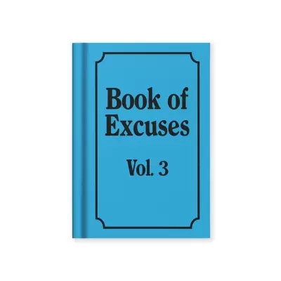 Livro azul com texto 'Book of Excuses Vol. 3' na capa